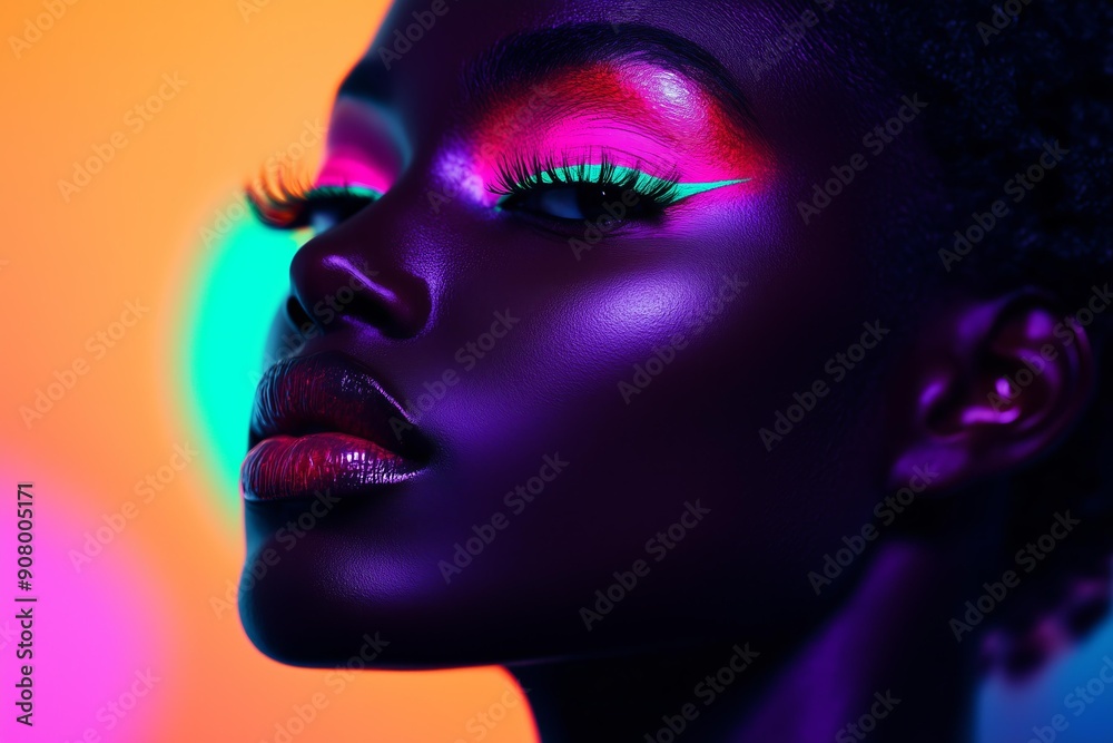 black woman with pink, orange, green and purple neon mascara and eyeliner, glowing in the dark Y3K style black woman with pink, orange, green and purple neon mascara and eyeliner, glowing in the dark Y3K style