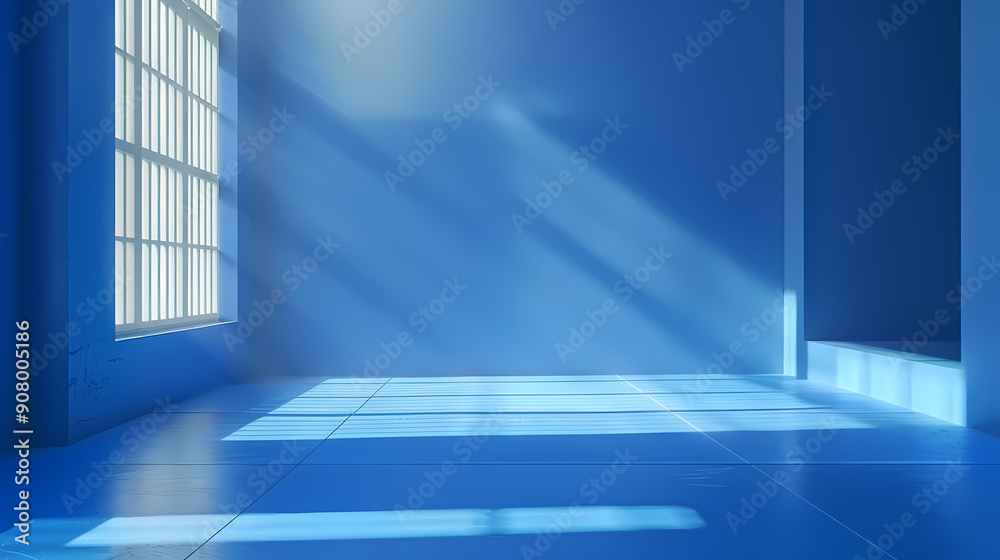 A minimalist room with blue walls and tiled floor, bathed in sunlight streaming through a large window. The clean lines and simple design create a serene and spacious atmosphere. A minimalist room with blue walls and tiled floor, bathed in sunlight streaming through a large window. The clean lines and simple design create a serene and spacious atmosphere.