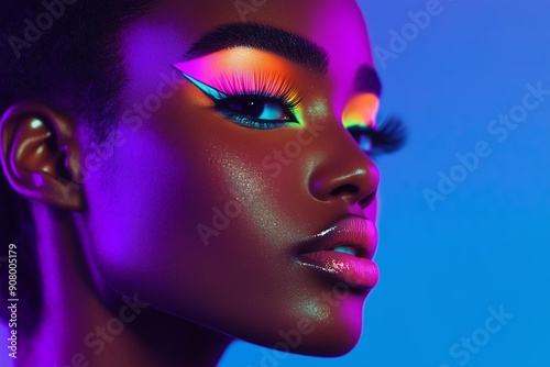 black woman with pink, orange, green and purple neon mascara and eyeliner, glowing in the dark Y3K style