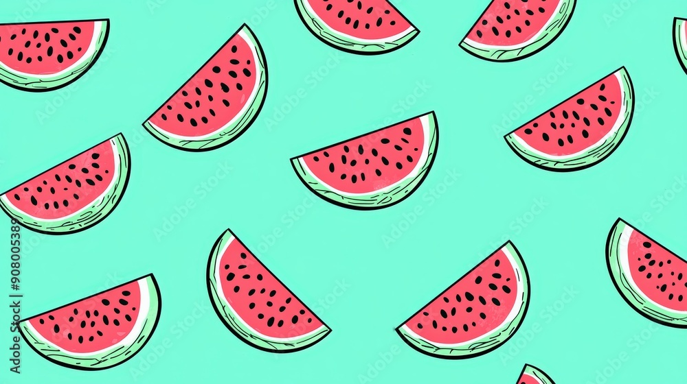 A Seamless Pattern of Watermelon Slices on a Light Teal Background A Seamless Pattern of Watermelon Slices on a Light Teal Background