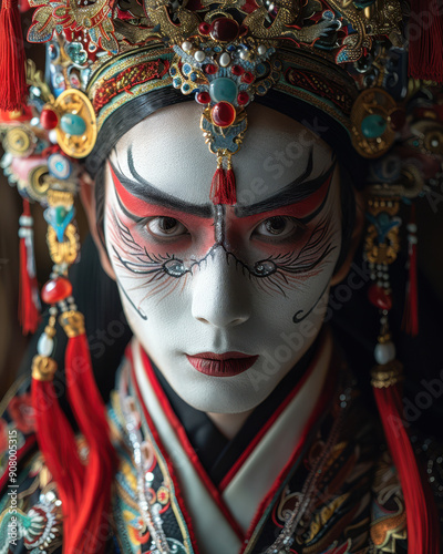 Traditional Chinese opera performer in elaborate costume and makeup, showcasing the rich cultural heritage and artistic expression

 photo