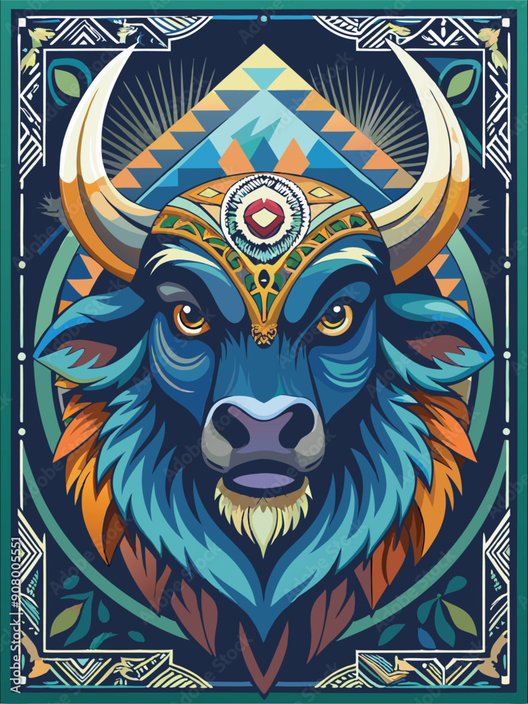 Obraz premium Ornate Bull Head with Geometric Background and Feathers