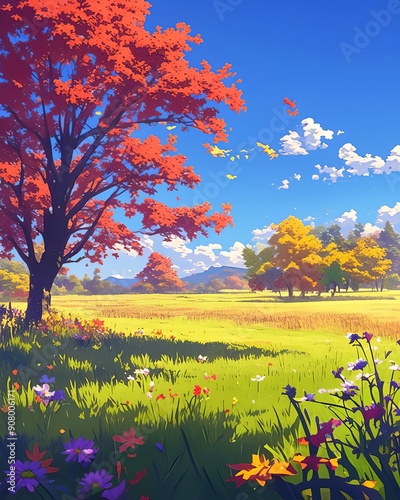 A vibrant landscape featuring colorful trees, flowers, and a clear blue sky, perfect for nature lovers and tranquil settings.