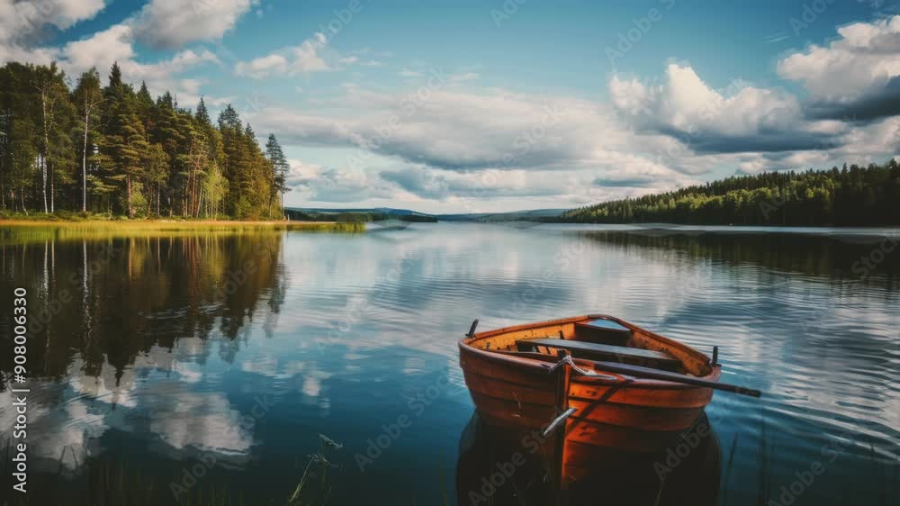 Tranquil lake with a wooden boat, reflecting the sky and forest. Tranquil lake with a wooden boat, reflecting the sky and forest.