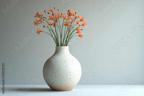 Minimalist depiction of a blooming onion flower in a delicate vase, set against a white background,