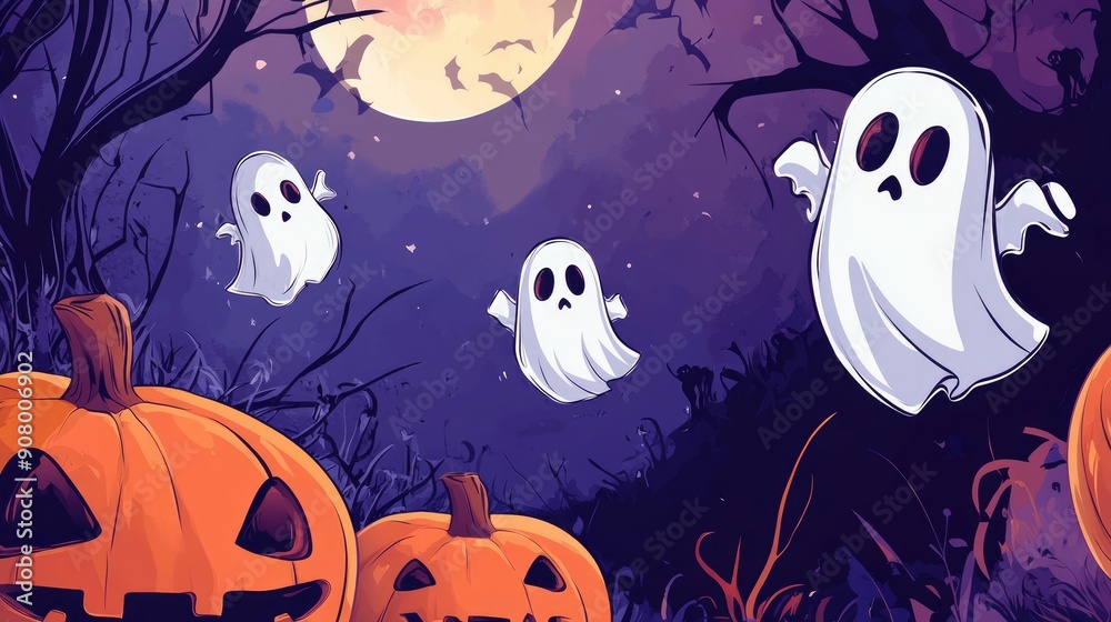 Adorable cartoon ghosts and pumpkins in a Halloween background with ample space for your message Adorable cartoon ghosts and pumpkins in a Halloween background with ample space for your message