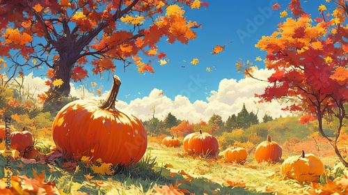 Vibrant autumn landscape featuring pumpkins amidst colorful foliage under a bright blue sky, perfect for fall-themed imagery.