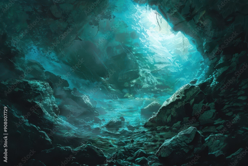 Obraz premium A Mystical Cave Entrance with a Glowing Blue River