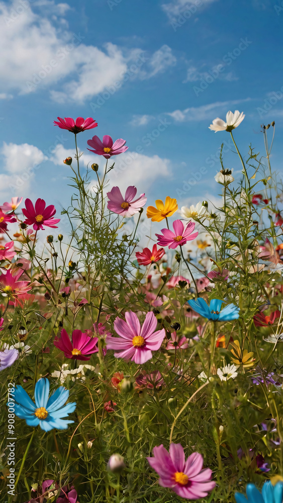 meadow of colorful cosmos flowers swaying in the gentle summer breeze, set against a bright blue sky meadow of colorful cosmos flowers swaying in the gentle summer breeze, set against a bright blue sky