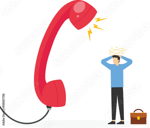 Confused businessman away from furious complain telephone from customer or client. Customer complaint, dissatisfaction from product or service problem, angry feedback from client.

