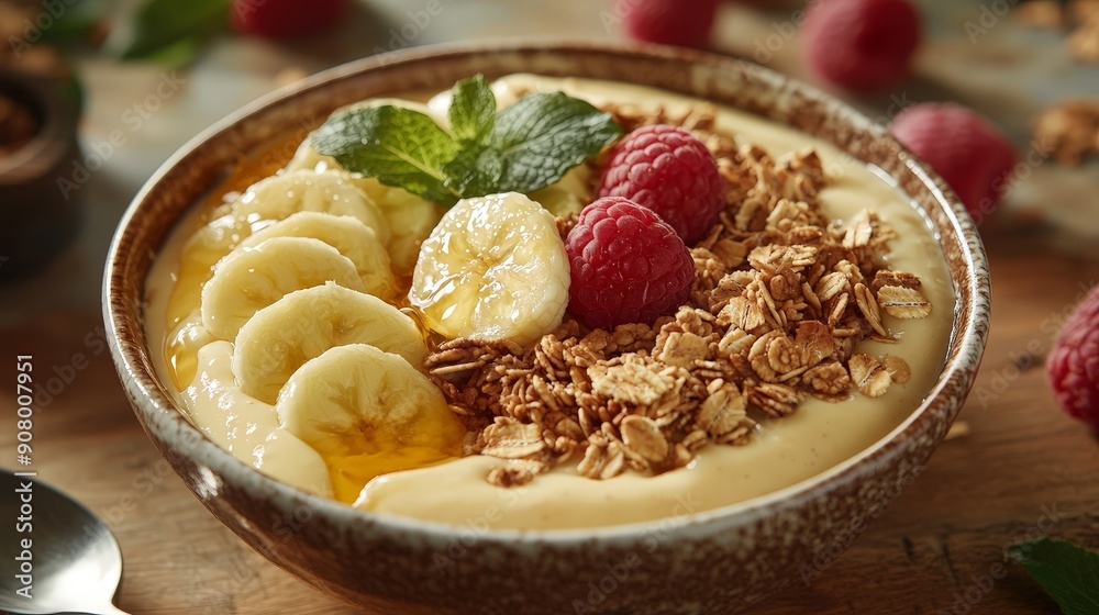 Vibrant Smoothie Bowl with Fresh Fruit, Granola, and Honey Drizzle on Wooden Table - Healthy Eating Concept Vibrant Smoothie Bowl with Fresh Fruit, Granola, and Honey Drizzle on Wooden Table - Healthy Eating Concept