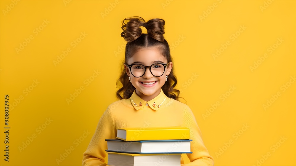 Young Girl With Glasses Holding Stack of Books on Yellow Background. Education, Reading, Knowledge Young Girl With Glasses Holding Stack of Books on Yellow Background. Education, Reading, Knowledge