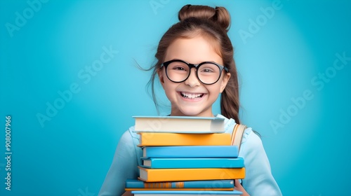 Young Girl With Glasses Holding Stack of Books on Blue Background. Education, Reading, Knowledge