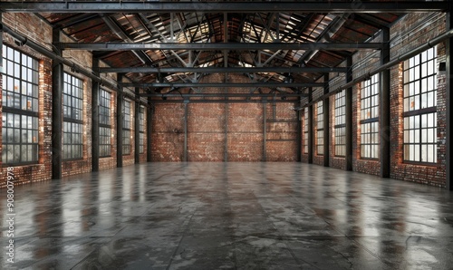 Industrial Loft-Style Warehouse Interior: Urban Chic Space with Exposed Brick Walls, Concrete Floors, and Black Steel Roof Structure. Creative Architectural Design for Modern Commercial or Residential