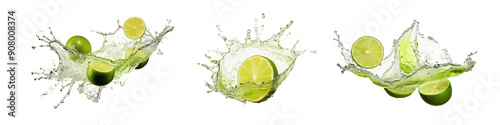 Limes in watersplash isolated on a transparent background