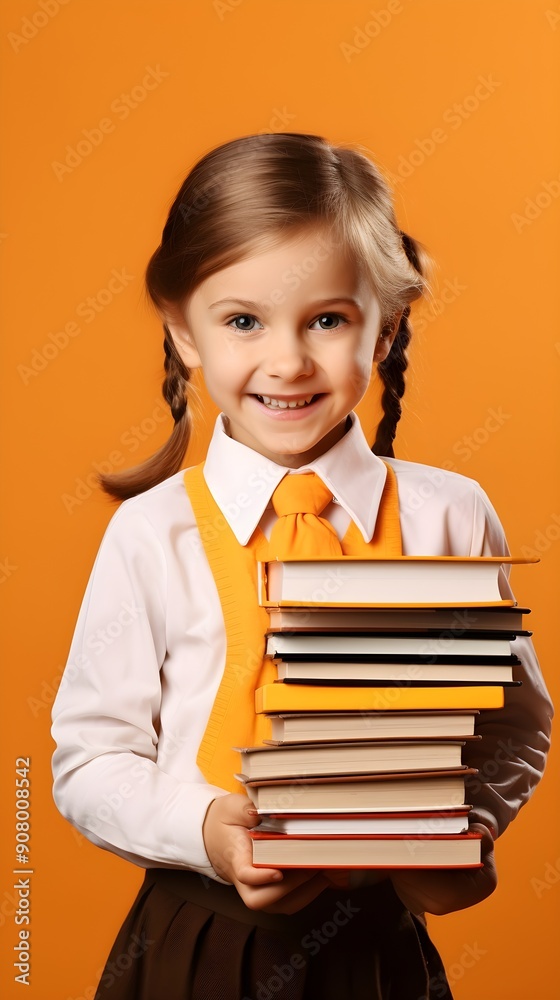Young Girl Holding Stack of Books on Orange Background. Education, Reading, Knowledge Young Girl Holding Stack of Books on Orange Background. Education, Reading, Knowledge