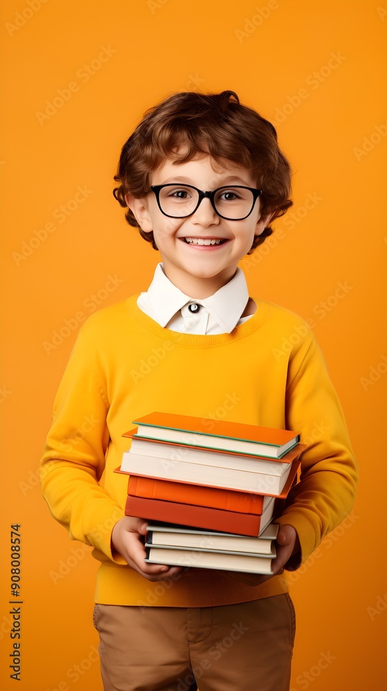 Young Boy With Glasses Holding Stack of Books on Orange Background. Education, Reading, Knowledge Young Boy With Glasses Holding Stack of Books on Orange Background. Education, Reading, Knowledge