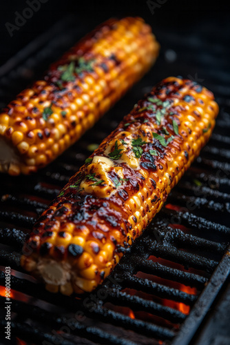 Close-up image of BBQ corn on the cob, brushed with vegan butter and sprinkled with herbs, sizzling on the grill, photo