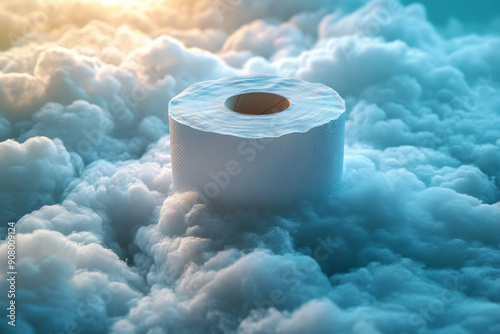 Clean and modern depiction of a toilet paper roll floating on a cloud, symbolizing its softness and gentleness,
