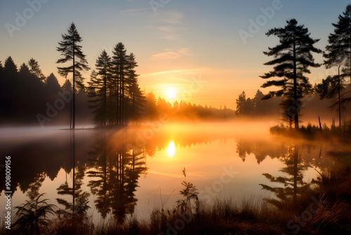 Misty Dawn: Serenity And Tranquility Reflected In The Mirroring Lake