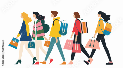 Friends group shopping colorful bags stylish outfits trendy vibrant illustration. Diverse students college walking books hanging backpacks isolated white background. Group teenagers walking back