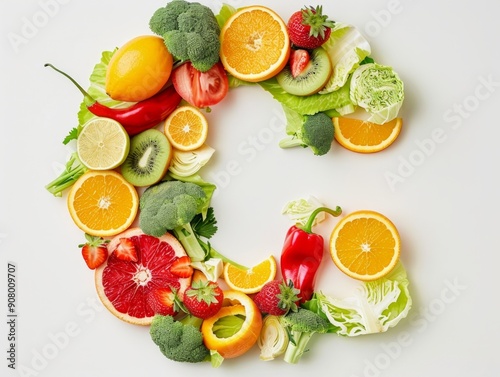 Medium shot of products 'citrus fruits (oranges, lemons), strawberries, kiwi, broccoli, peppers, cabbage' form a letter 'C', themed background,