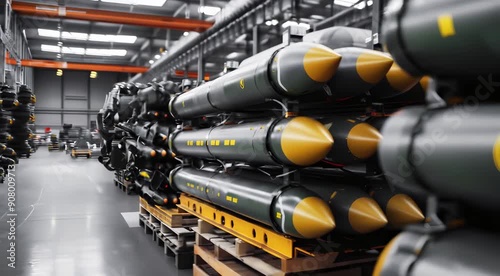 Rows of green and yellow missiles stored in a warehouse or military facility. The image focuses on the organized arrangement and storage of the missiles or rockets.