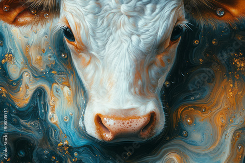 Abstract art featuring a cow in a field of swirling colors, with a milk pail glowing with a magical aura,