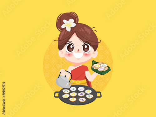 Traditional thai food Kanom Krok or Thai Coconut Pancakes Recipe. Thailand street food Logo sticker design.