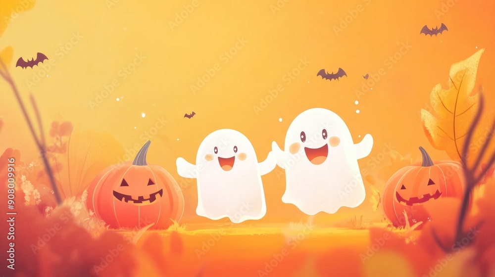 Naklejka premium Cheerful ghosts and pumpkins in a cartoon Halloween background, with plenty of space to add your Halloween greetings