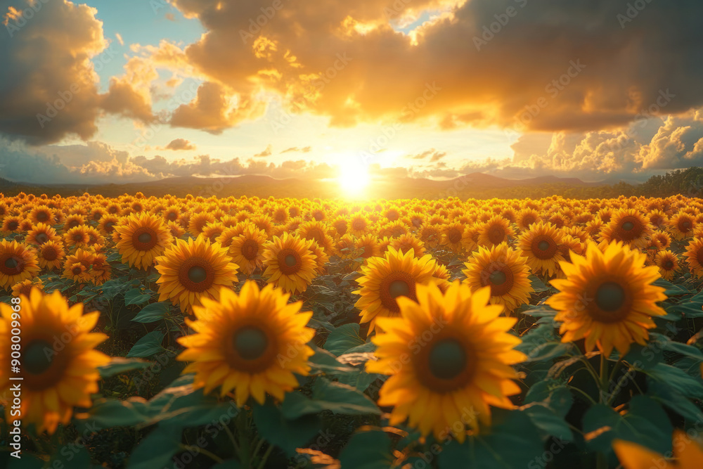 Obraz premium Realistic depiction of a field of sunflowers with their edible seeds, under a radiant sky,