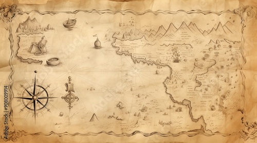 Hand Drawn Vintage Fantasy Map on Old Parchment Paper