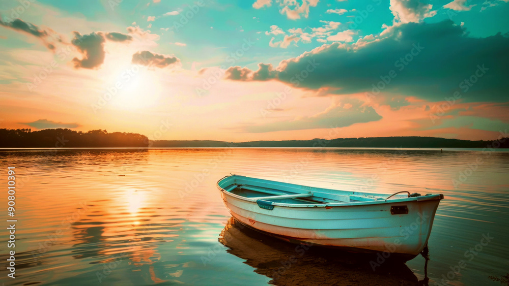 A small white boat on a tranquil lake at sunset. A small white boat on a tranquil lake at sunset.