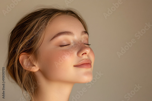 A close up of a girl's face with her eyes closed