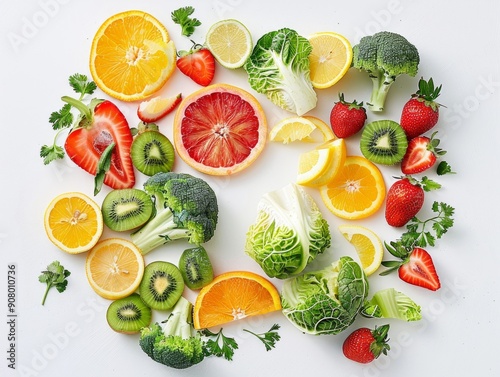 Medium shot of products 'citrus fruits (oranges, lemons), strawberries, kiwi, broccoli, peppers, cabbage' form a letter 'C', themed background,