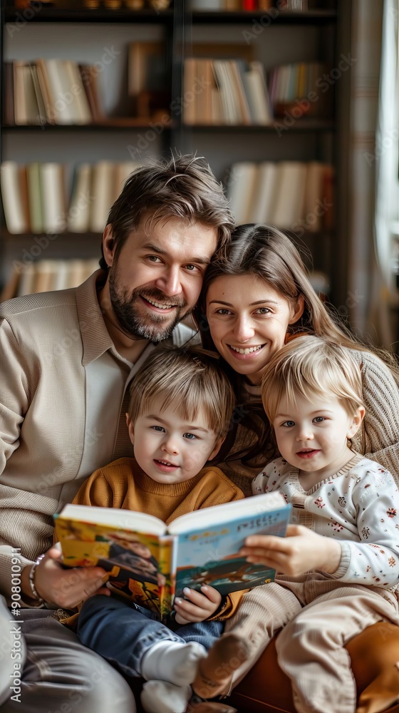 Happy Loving Parent Reading a Book to Children on Livingroom. Education, Development Concept Happy Loving Parent Reading a Book to Children on Livingroom. Education, Development Concept