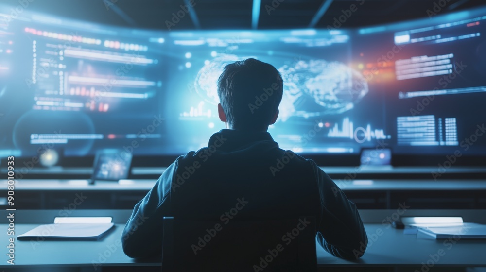 A person analyzing data on a computer screen in a dark room. A person analyzing data on a computer screen in a dark room.