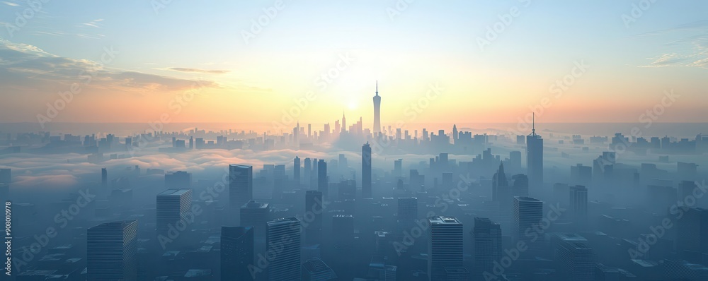 Obraz premium City skyline through heat haze, carbon emissions, urban impact