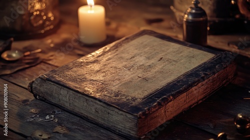 Creepy old book with spells and potions, candlelit room, copy space