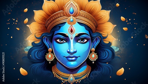 Lord Vishnu is typically depicted with a serene and compassionate expression, his complexion a deep blue symbolizing cosmic depth. His large, lotus-like eyes radiate purity and spiritual insight. 