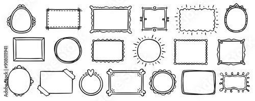 Sketch frames. Hand drawn scrapbooking picture frame. Black doodle circle, round, square, rectangle label, oval banner. Cartoon ink painted scribble stickers. Vector set