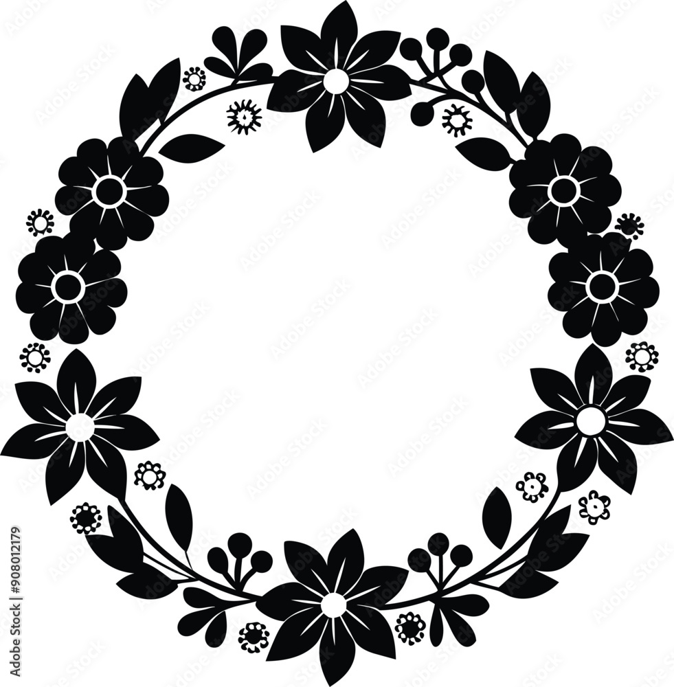 Hand drawn floral frame black and white