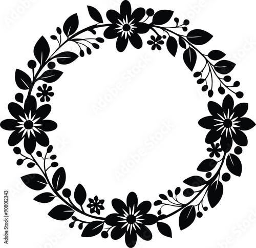 Hand drawn floral frame black and white