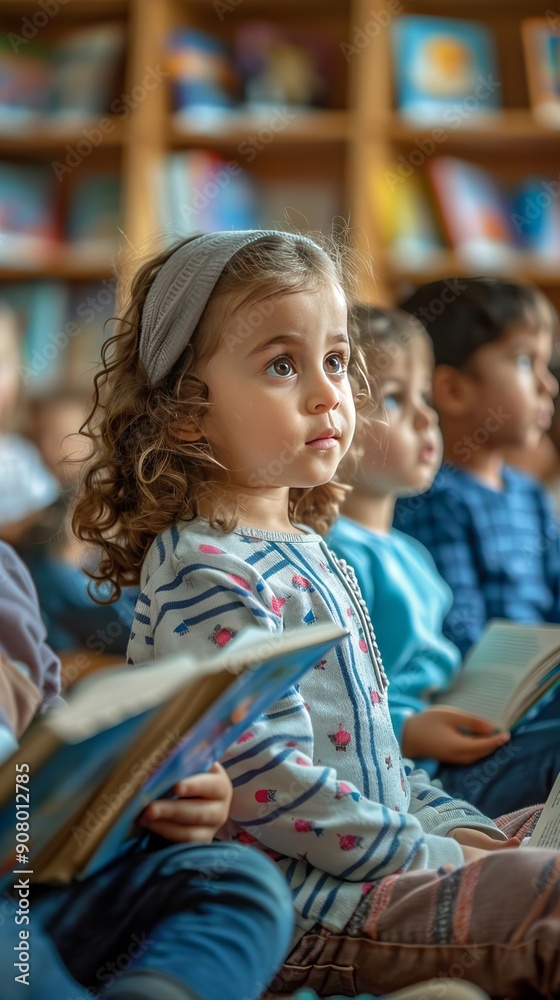 Fototapeta premium Group of Young Children Reading Books in Library, Bookshelves Background