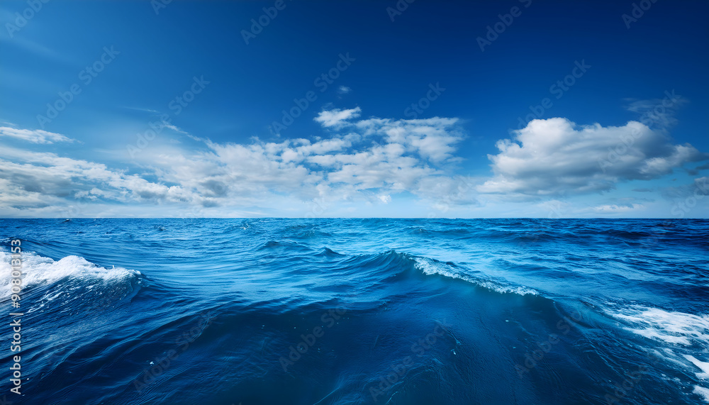 Fototapeta premium Under a vibrant blue sky with clouds a marine waves ocean background.
