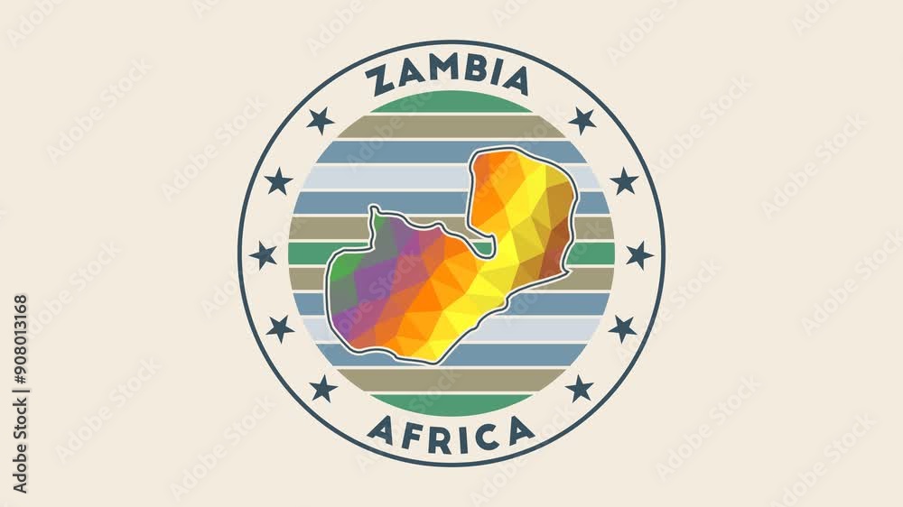 Zambia intro video. Badge with the circular name and map of the country in low poly tech geometric style. Vibrant country round logo animation.