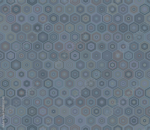 Tileable abstract background featuring hexagon stacked mosaic cells in a seamless pattern with a multiple tones color palette.