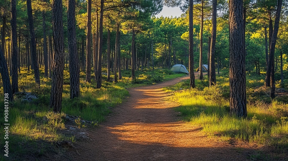 Obraz premium Dirt path leading to a campsite in pine forest, rustic and inviting