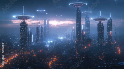 A futuristic city skyline with tall, sleek buildings adorned with glowing antennas and satellite dishes, under a clear night sky, showcasing the advancement of wireless technology