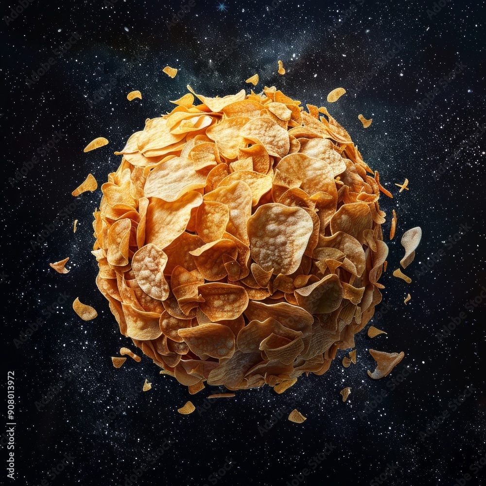 Creative concept image of planet shaped like crispy chips sphere floating in space. Surreal and unique design for food enthusiasts and digital art lovers. Ideal for imaginative projects. AI Creative concept image of planet shaped like crispy chips sphere floating in space. Surreal and unique design for food enthusiasts and digital art lovers. Ideal for imaginative projects. AI